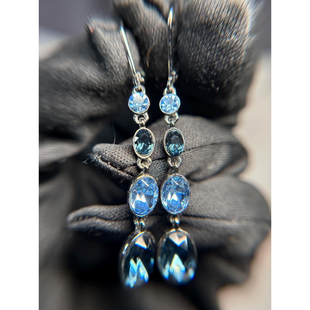 Givenchy Crystal Drop Earrings Blue Rhinestone Dangle Designer Signed Long Earri